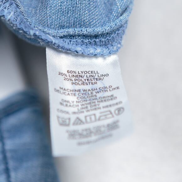 LOFT Chambray Ruffle Flounce Dress Dropped Waist Soft Lyocell Linen Blue Sz M - Picture 9 of 9